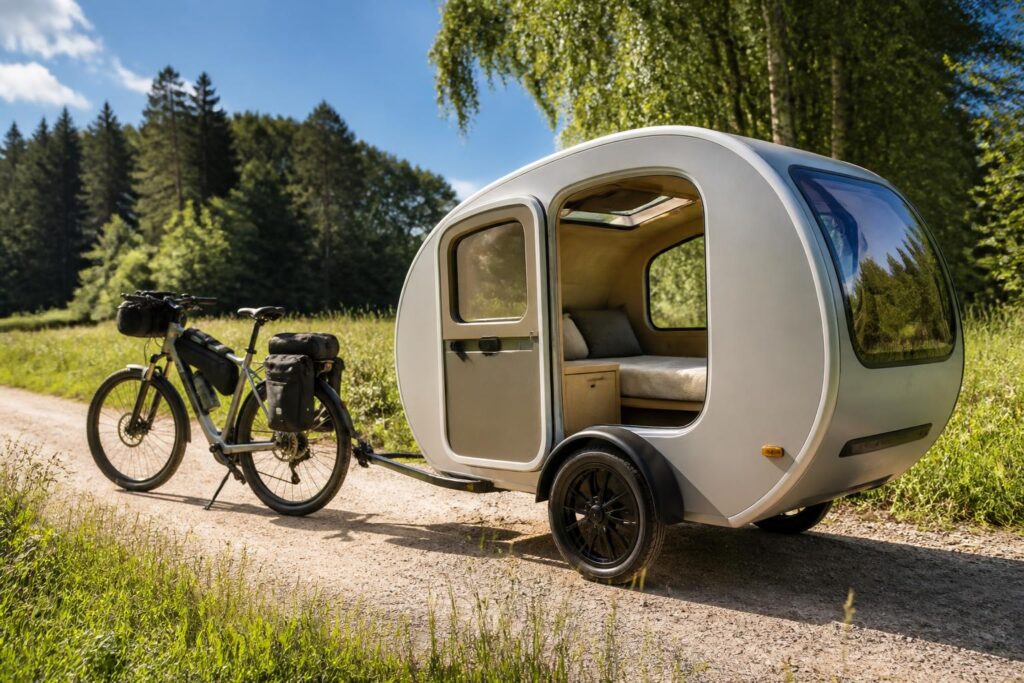 découvrez la mini caravane pour vélo, l'accessoire parfait pour partir léger en aventure tout en transportant l'essentiel. pratique, compacte et facile à atteler, elle transforme vos balades à vélo en véritables expéditions.